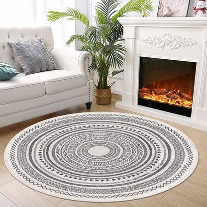 Moroccan Style Grey Round Woven Cotton Washable Absorbent Rug 120cm with Fringes V1188-YU108C-04839-3