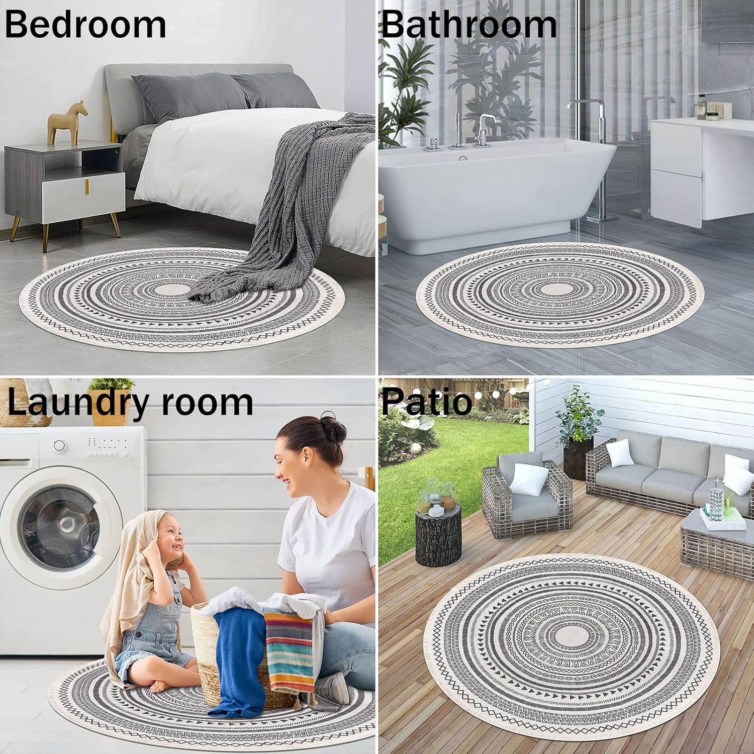 Moroccan Style Grey Round Woven Cotton Washable Absorbent Rug 120cm with Fringes V1188-YU108C-04839-3