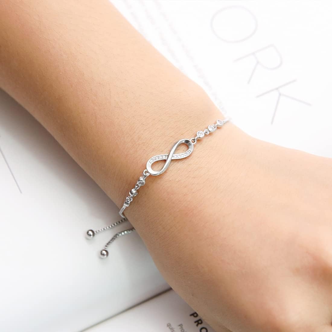 925 Sterling Silver Infinity Love Heart Bracelet with Cubic Zirconia Adjustable for Women V1188-YU108C-05685-1