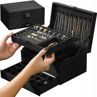 Black Jewelry Box with Key Lock and Multiple Compartments Black-yux V1188-YU108C-06545-1