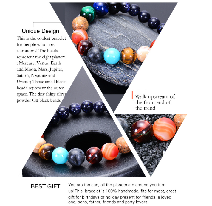 Solar System Eight Planets Bracelet for Men and Women, Universe Galaxy Natural Stone Beads Gift V1188-YU108C-07100-4