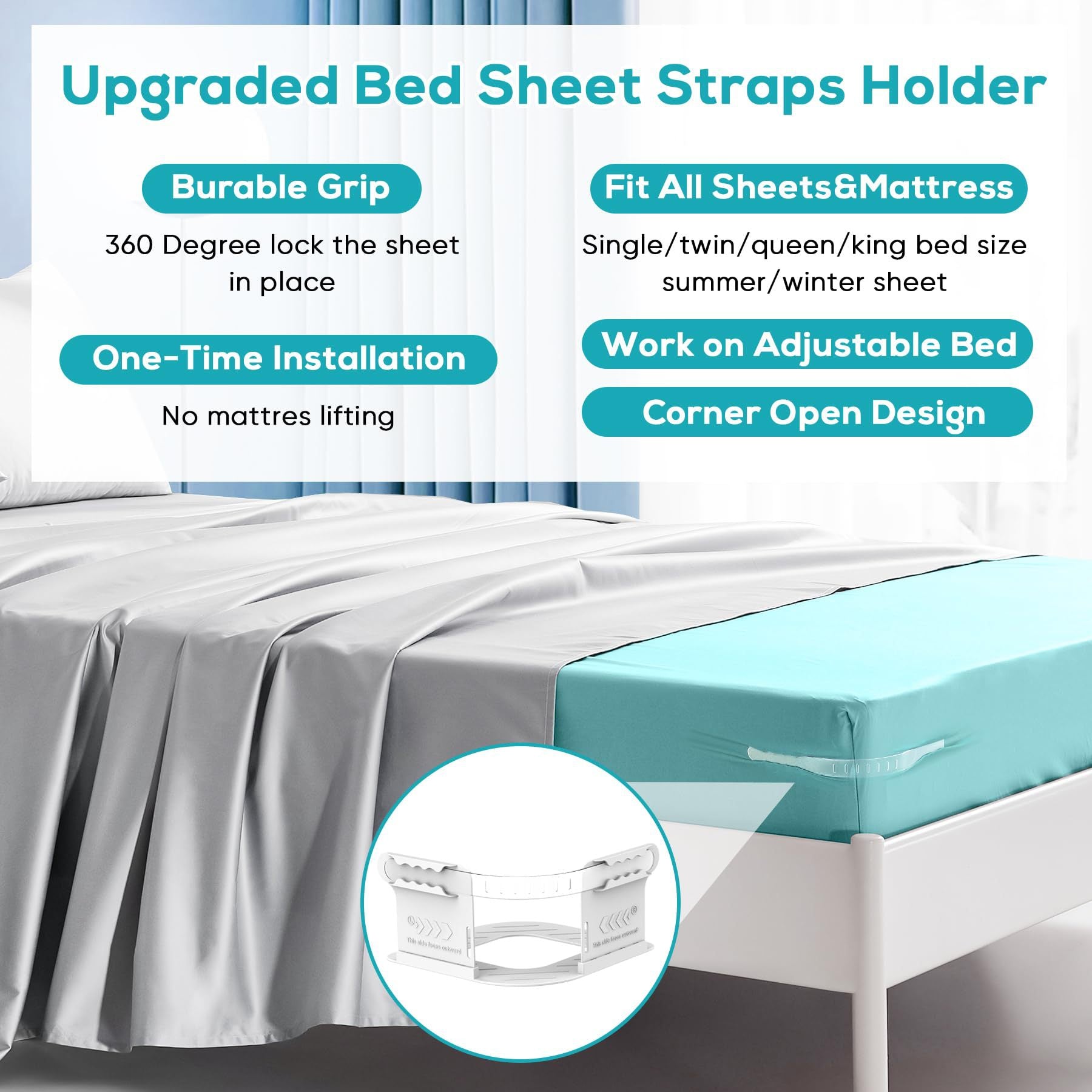 Invisible Sheet and Bed Cover Fastener Set of 4 White Keeps Sheets Tight Removable Storable V1188-YU1688-10122-1