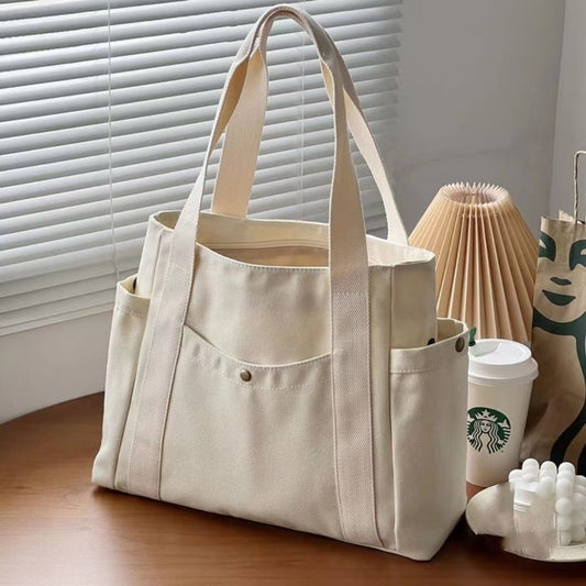 Canvas Tote Bag Large Capacity White for Work Travel College Student Book Shoulder Bag V1188-YU49-0025-1