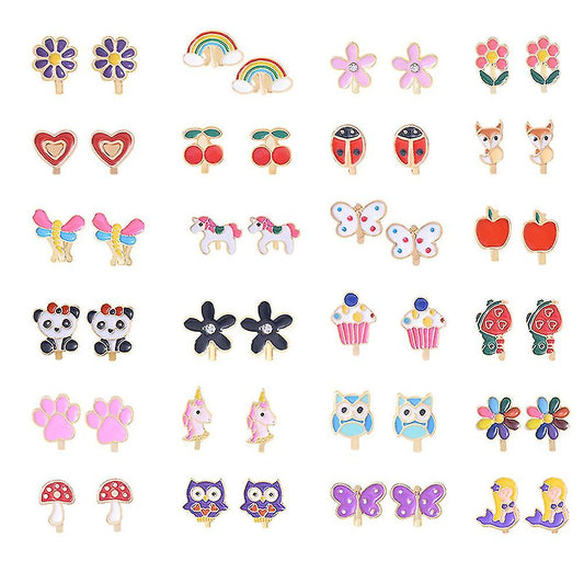 24 Pairs Girls Clip-on Earrings Children Cute Flower Metal Earring Princess Dress Up V1188-YUF-21666-1