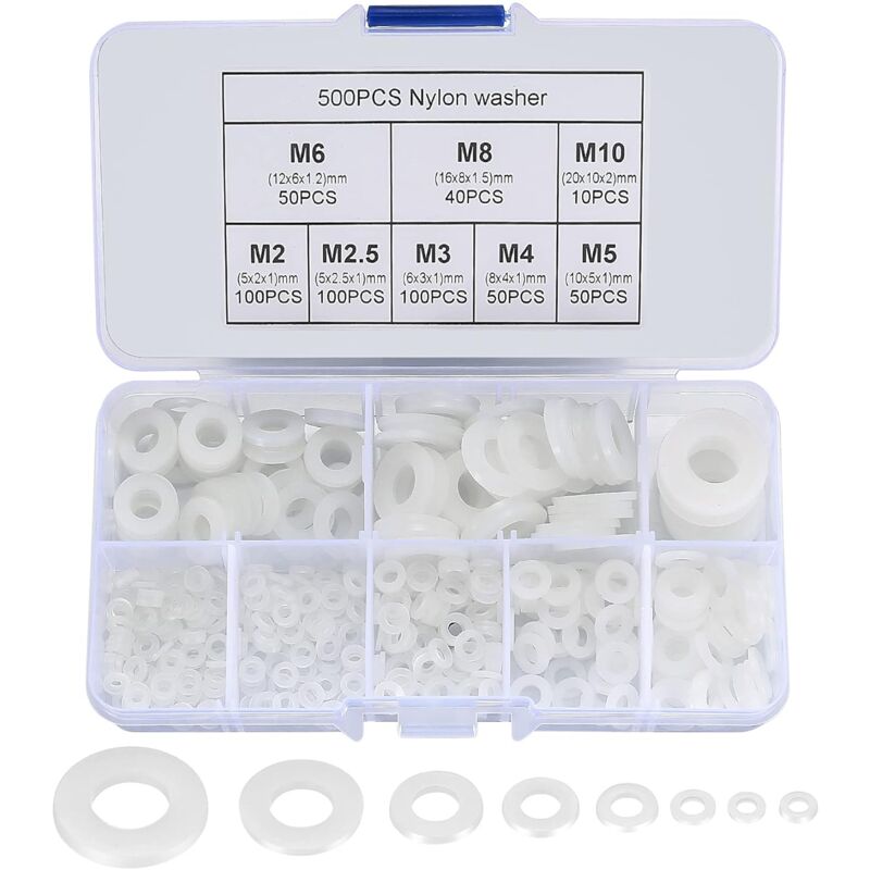 Nylon Flat Washers Assortment Kit, 500 Pieces, White, M2 M2.5 M3 M4 M5 M6 M8 M10 Insulation Round Spacers V1188-YUMANO-13968-1