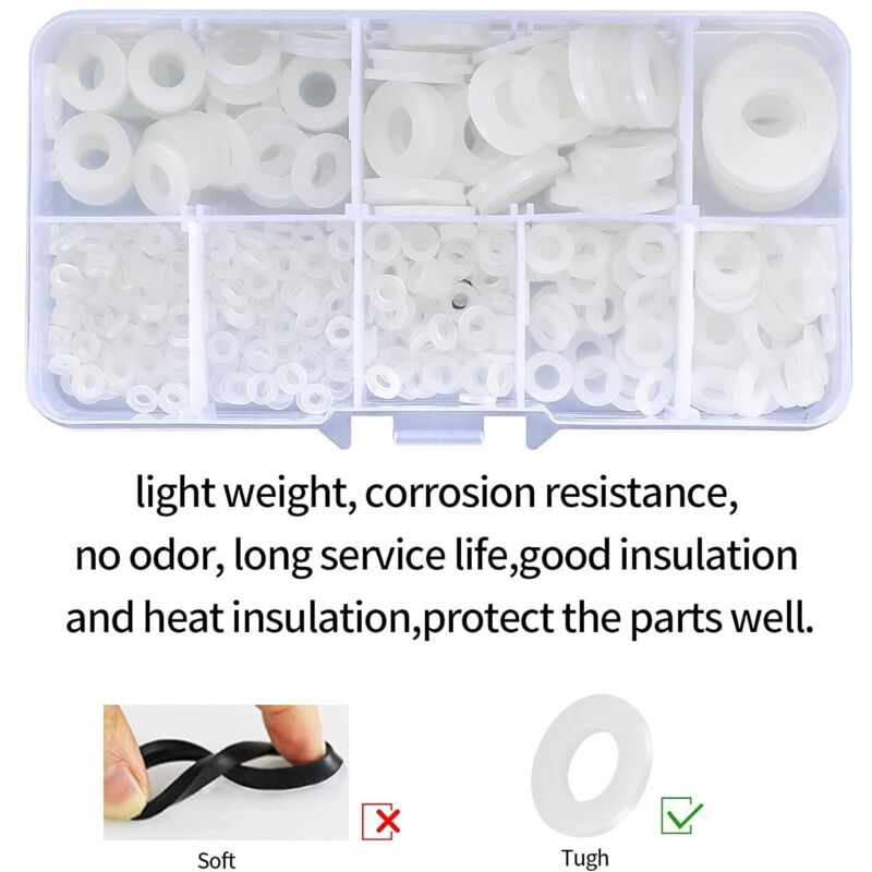 Nylon Flat Washers Assortment Kit, 500 Pieces, White, M2 M2.5 M3 M4 M5 M6 M8 M10 Insulation Round Spacers V1188-YUMANO-13968-1