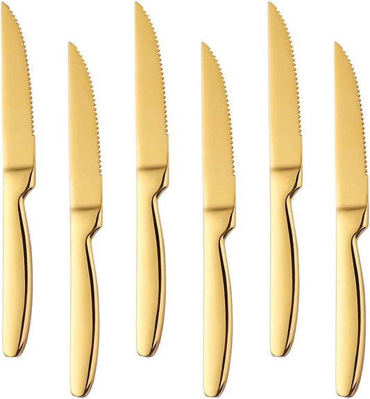 Stainless Steel Serrated Steak Knife Set of 6, BuyGo Gold Color Heavy Duty Dinner Table Knives for Cutting V1188-ZC-01-42