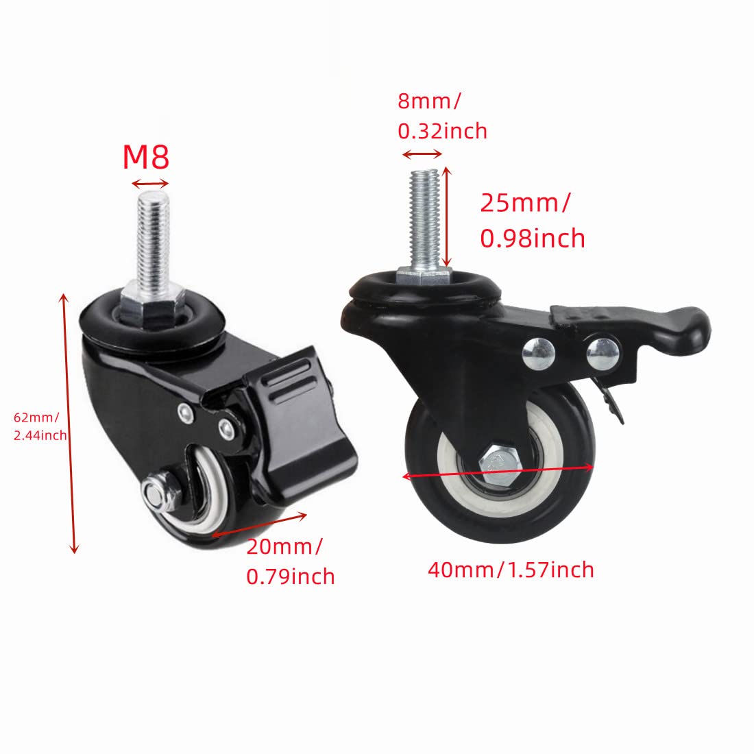 4Pcs 1.5 Inch Heavy Duty Caster Wheels Swivel Casters with Brake and M8 Threaded Stem, Loading 50kg/110lbs V1188-ZC-DLL-1761