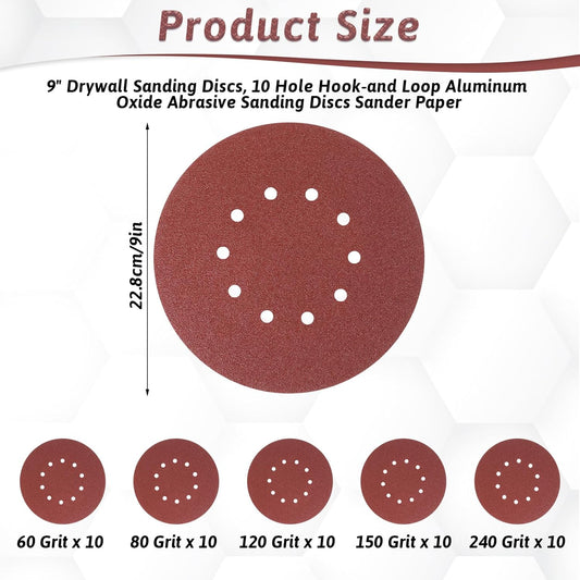 50 Pcs 9-Inch 10-Hole Drywall Sanding Discs Set, 10 Each of 60 80 120 150 240 Grits Hook-and-Loop Sanding V1188-ZC-DLL-2105