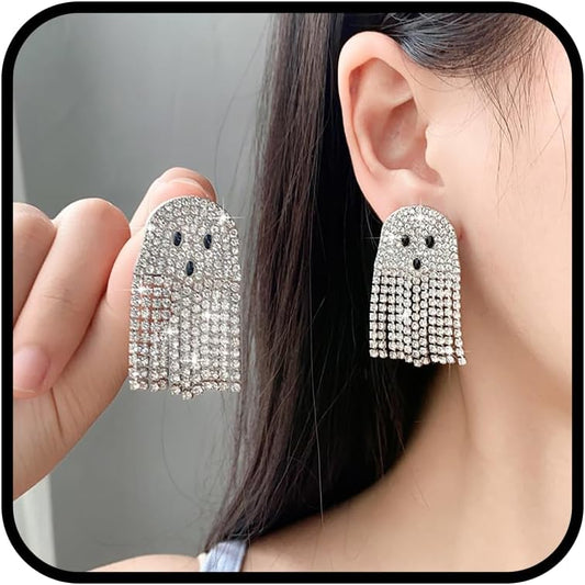 Ghost Earrings For Women, Silvery Dangling Tassel Earring With Cubic Zirconia Lovely Halloween Jewelry Gift V1188-ZC-DLL-258