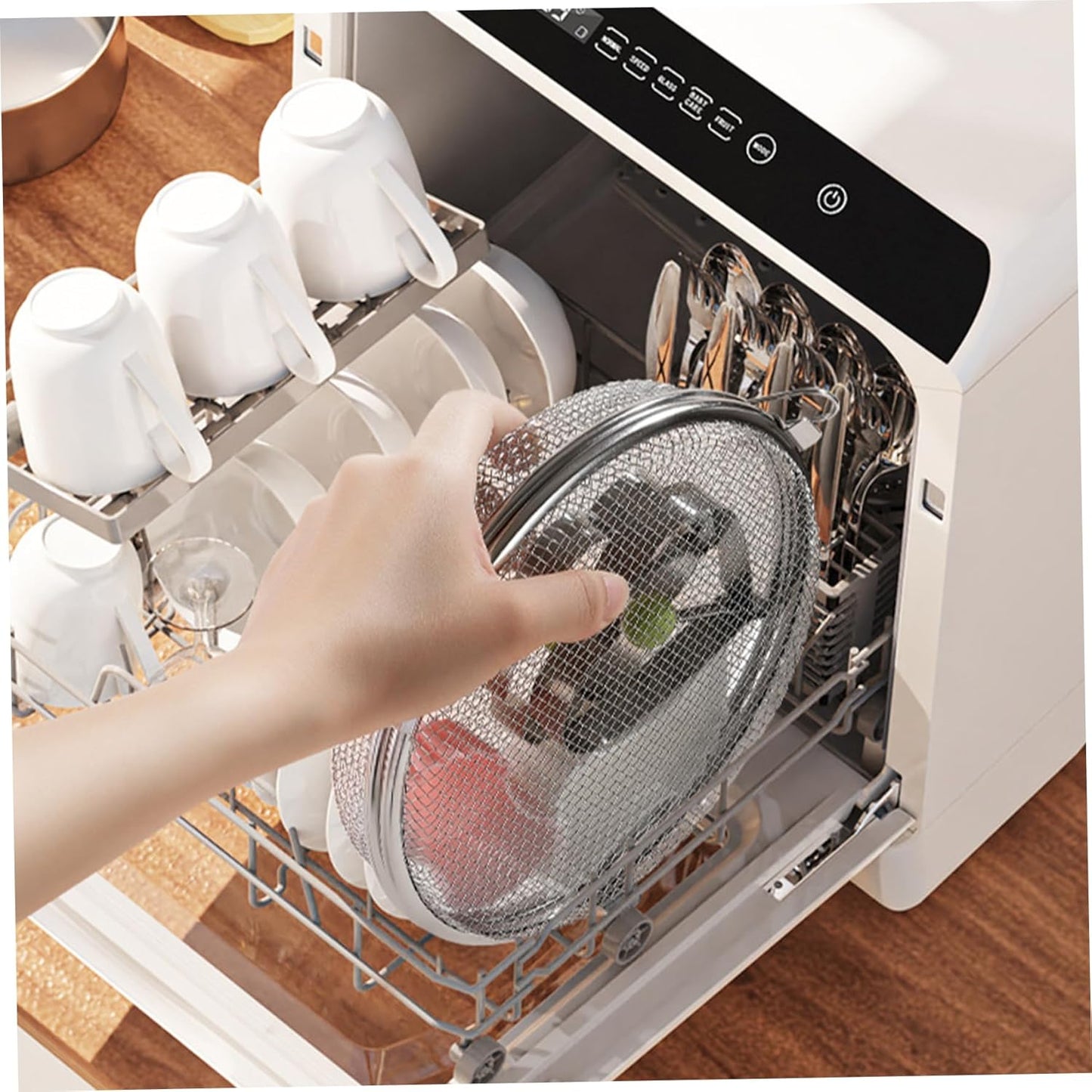 Dishwasher Basket for Small Items Stainless Steel 3 Buckles Dishwasher Basket with Fine Mesh Odor-Free Round V1188-ZC-DLL-442