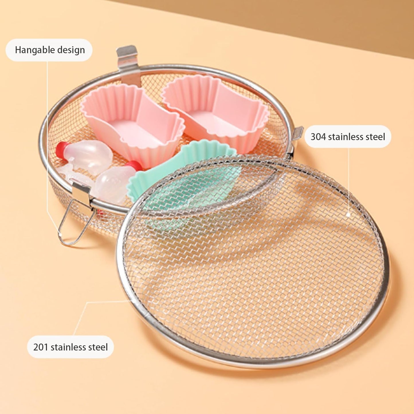 Dishwasher Basket for Small Items Stainless Steel 3 Buckles Dishwasher Basket with Fine Mesh Odor-Free Round V1188-ZC-DLL-442