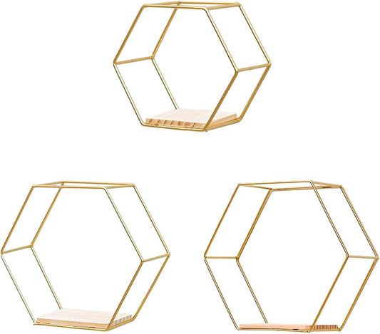 3 Pcs Gold Hexagon Wall Shelves, Floating Decorative Wire Wall Mounted Shelf, Multi-use Geometric Floating V1188-ZC-DLL-445