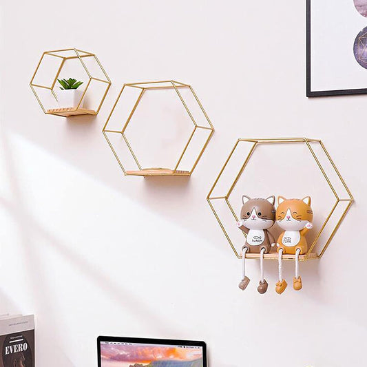 3 Pcs Gold Hexagon Wall Shelves, Floating Decorative Wire Wall Mounted Shelf, Multi-use Geometric Floating V1188-ZC-DLL-445