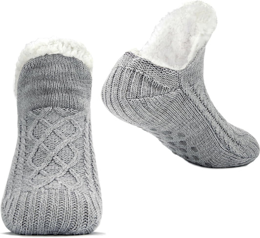 Women Knitted Slipper Socks Cozy Sherpa Fuzzy Non Slip Winter Indoor Double Layer Bedroom Grey Medium Wide V1188-ZC-DP-561