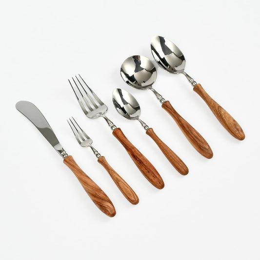 6-Pieces Wood Handle Flatware Set 18/10 Stainless Steel Silverware Cutlery Set with Wooden Handle Kitchen V1188-ZC-LHJ-439