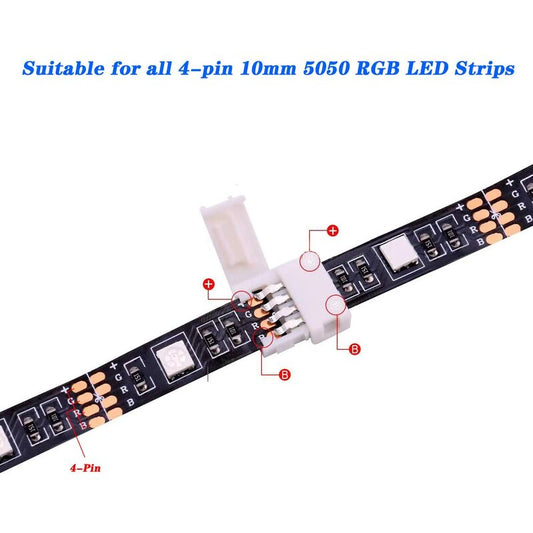 RGB LED Strip Connector Kit, 30pcs, 4-Pin 10mm Solderless Connector, SMD 5050 LED Strip, 20 Gapless 5L 5T V1188-ZX-Y911-4162