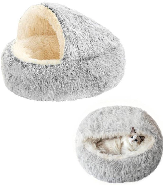 Cat Bed - Cave Cat Basket 40cm - Calming and Anti-Anxiety - For Small Dogs/Cats - Donut - Gray and White V1188-ZXY-10001