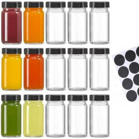 Glass Jars with Lids - 15 x 2 oz Jars - Includes 15 Labels - Clear - Perfect for Ginger Smoothies, Health V1188-ZXY-10009