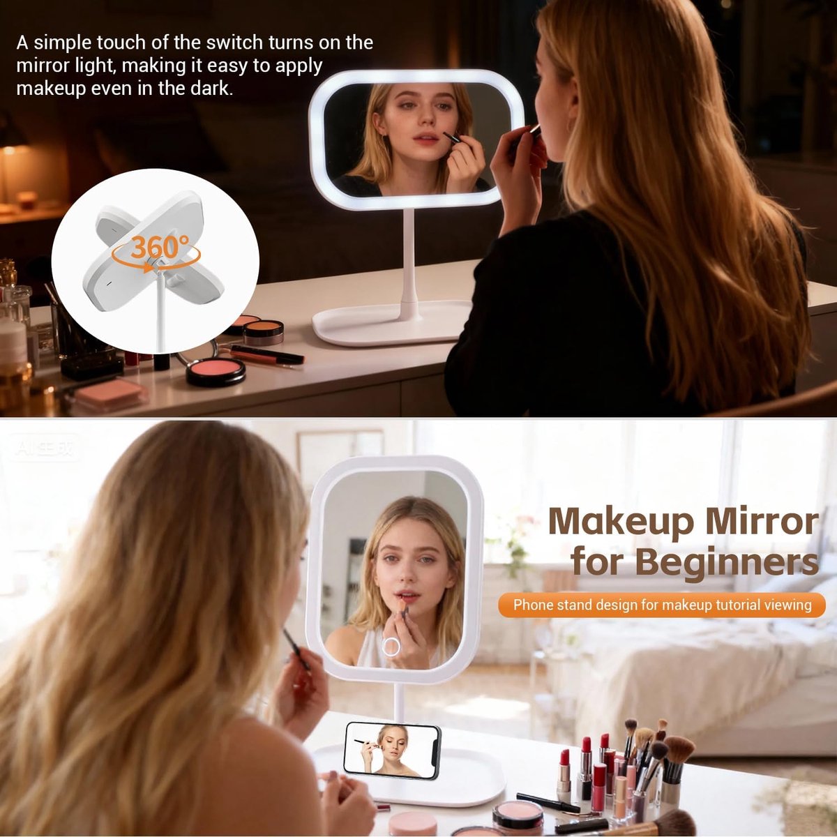 Make-up Mirror with Light - 3 Light Colors - Dimmable - Mirror with Lights - Smart Touch - USB Charging Port V1188-ZXY-10017