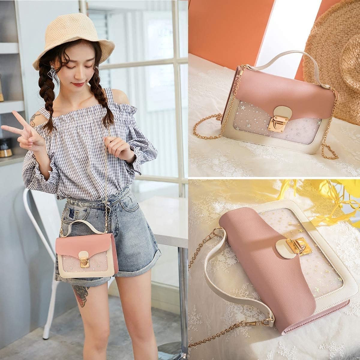 Pink Stars Handbag for Girls - Detachable Chain - Three Compartments - Large Capacity - Handbag V1188-ZXY-10033