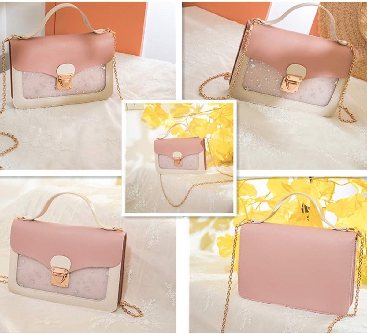 Pink Stars Handbag for Girls - Detachable Chain - Three Compartments - Large Capacity - Handbag V1188-ZXY-10033