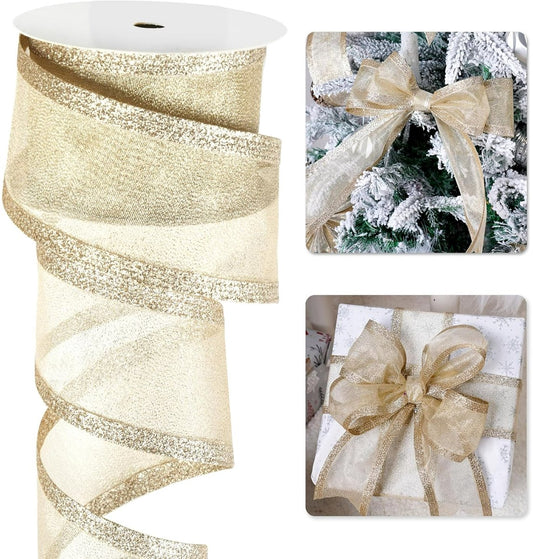 Champagne Christmas Ribbon - 2.5" Champagne Gold Metallic Ribbon with Glitter Stripes - Christmas Tree V1188-ZXY-10086