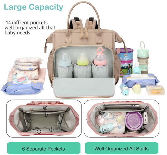 Convertible Diaper Bag - Wide Opening - 14 Pockets - Stylish - Baby Changing Bag - with Stroller Buckle - V1188-ZXY-10165