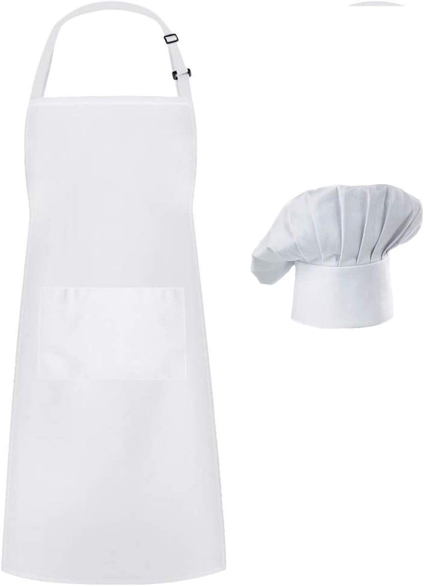 Apron and Hat Set - Adjustable Chef's Hat and Apron - Unisex Baker's Clothing (White) V1188-ZXY-10170