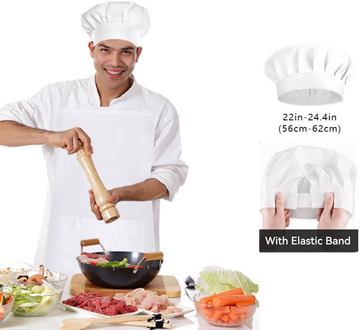 Apron and Hat Set - Adjustable Chef's Hat and Apron - Unisex Baker's Clothing (White) V1188-ZXY-10170