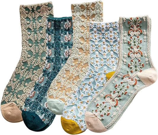 5 pairs of cotton socks for women - retro floral pattern - warm socks - lounge socks - autumn and winter V1188-ZXY-10189