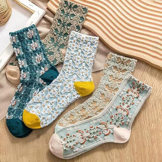 5 pairs of cotton socks for women - retro floral pattern - warm socks - lounge socks - autumn and winter V1188-ZXY-10189
