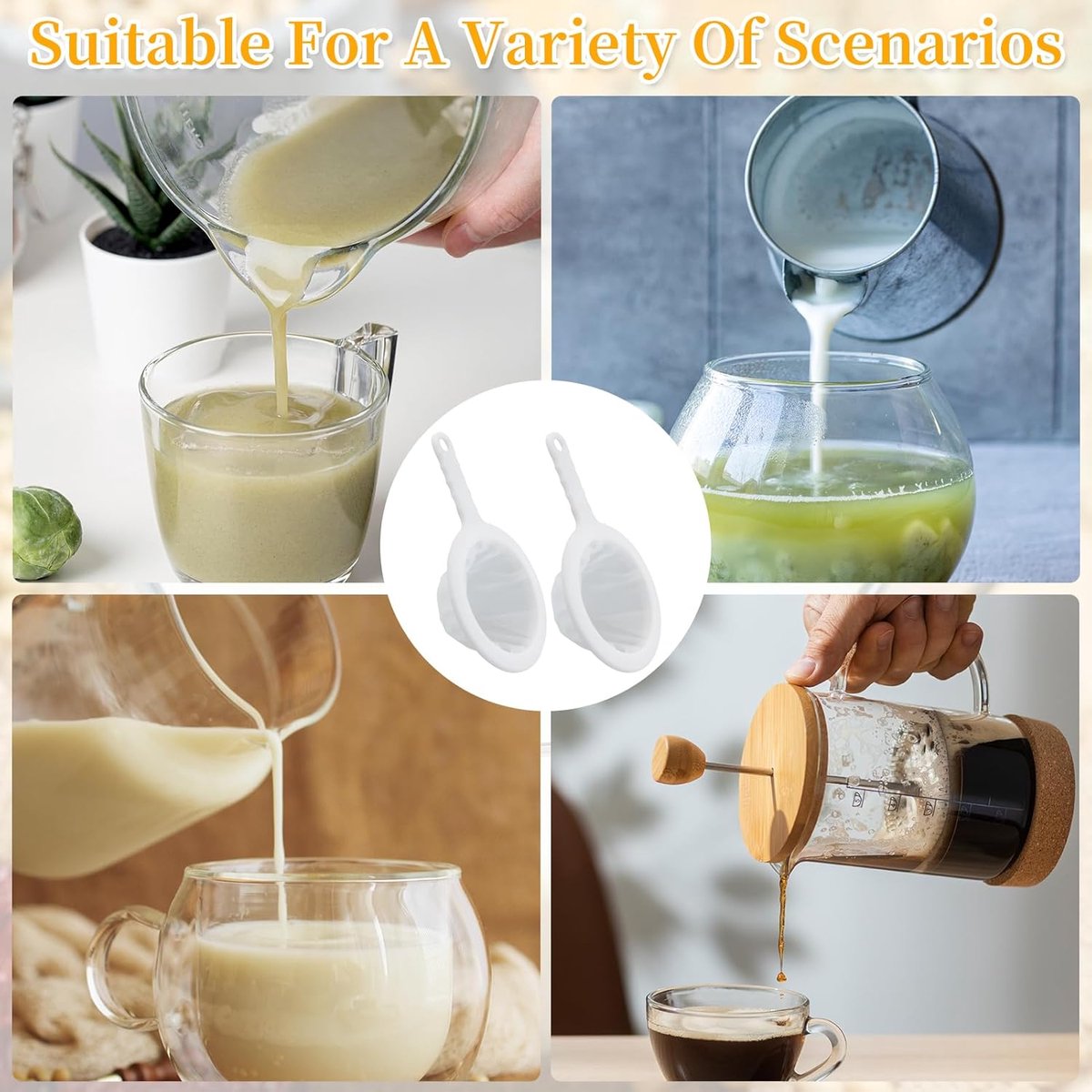 2-Piece Food Strainer - Mesh Sieve - Sieve Filter - Reusable Strainer - for Oil, Coffee, Tea, Juice, Wine V1188-ZXY-10203