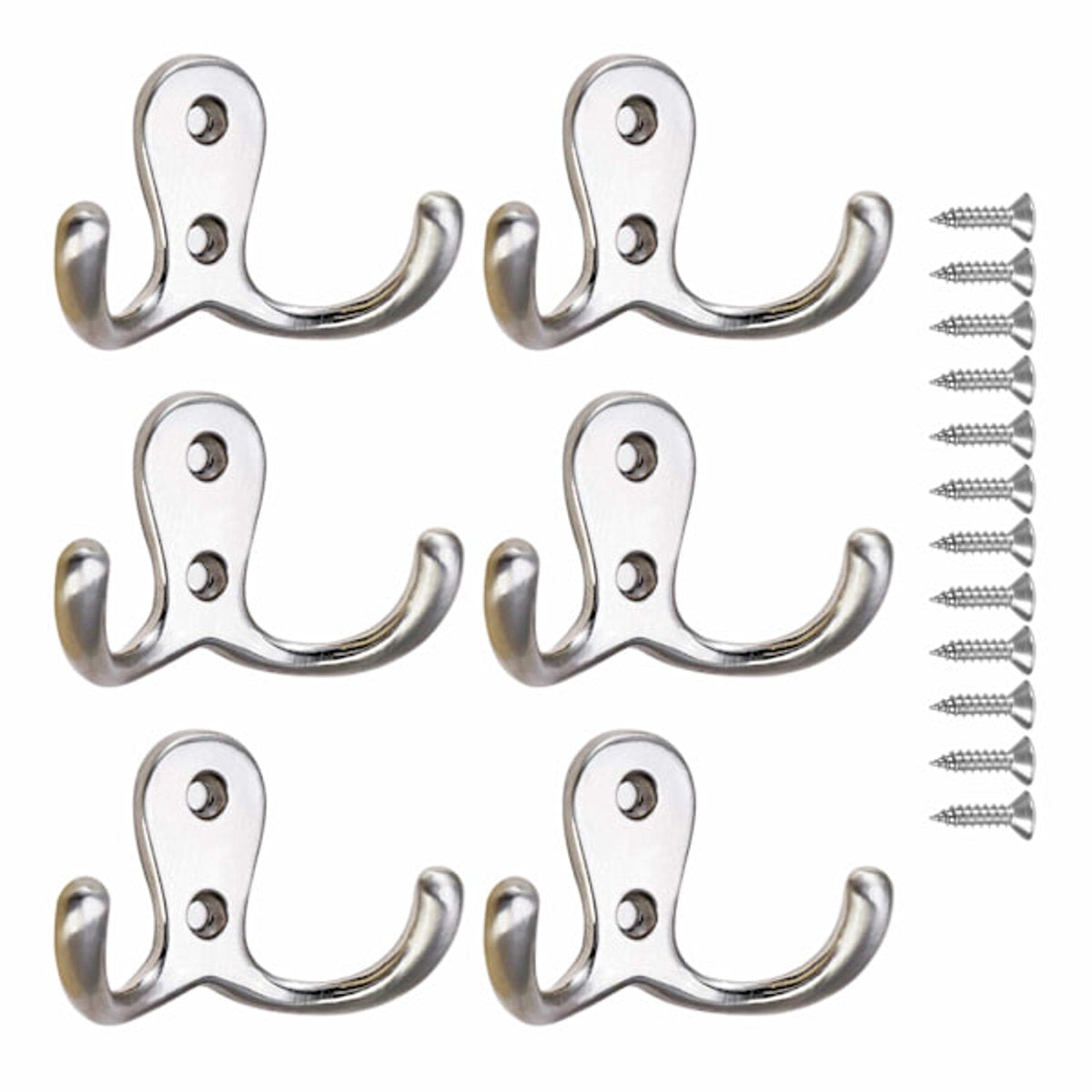 Double Hook - Chrome Double Coated Hook - Clothes - Bathrobe - Towel - Bathroom Bedroom Door Wall 6 Pieces V1188-ZXY-10247