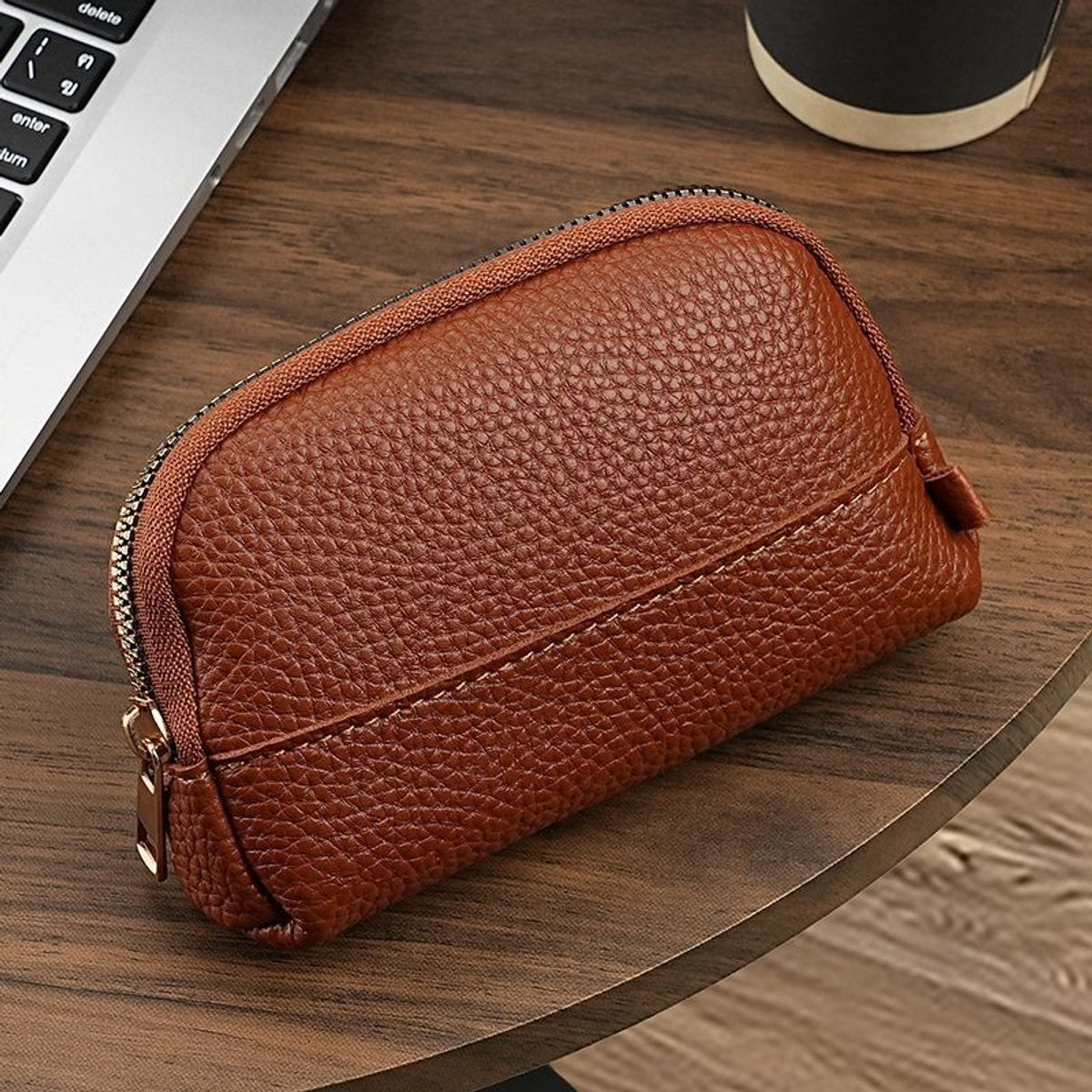 Vintage Wallet with Zip Around - Compact and Beautiful - Key Holder - Mini - Clutch - Coin Purse - Dark Brown V1188-ZXY-10263