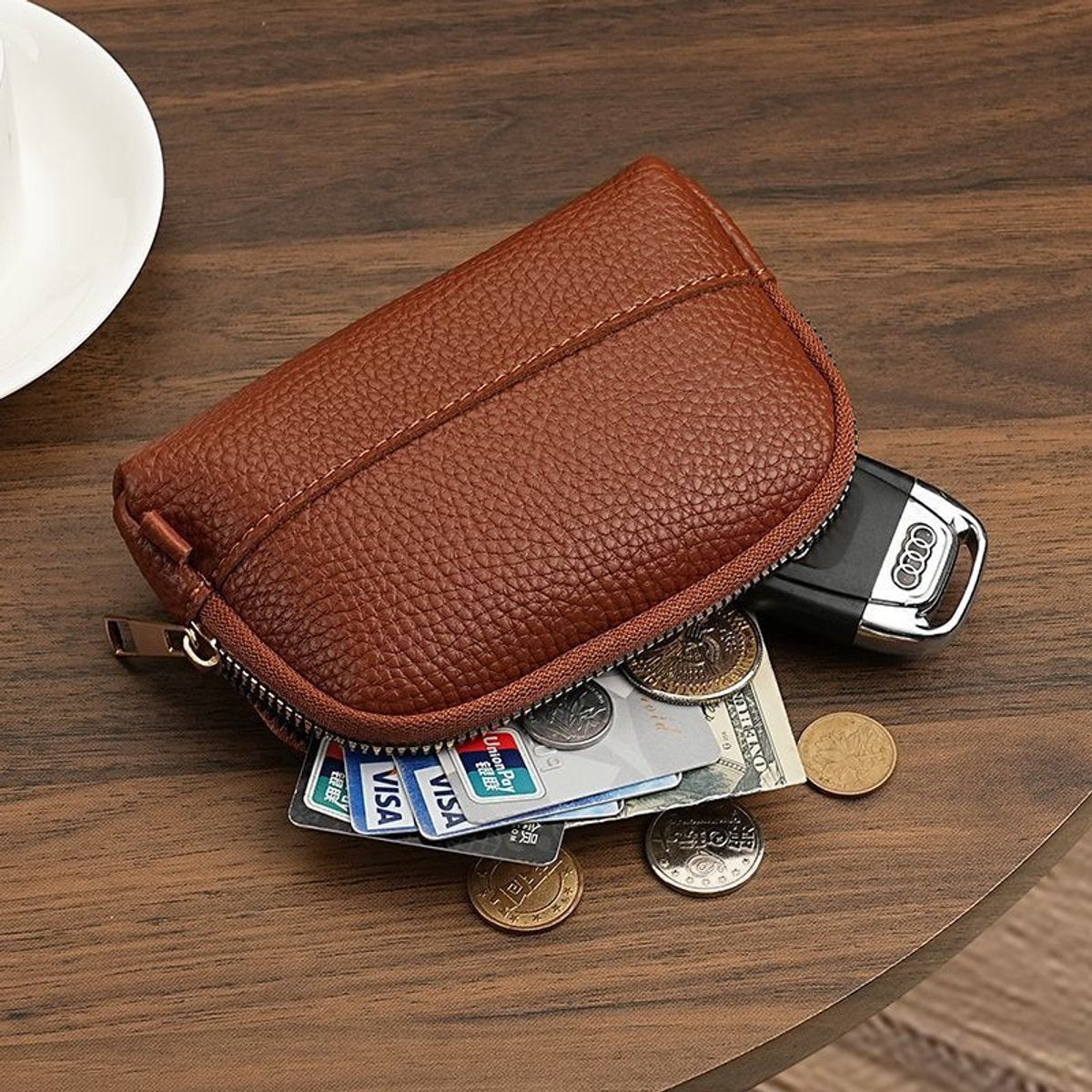 Vintage Wallet with Zip Around - Compact and Beautiful - Key Holder - Mini - Clutch - Coin Purse - Dark Brown V1188-ZXY-10263