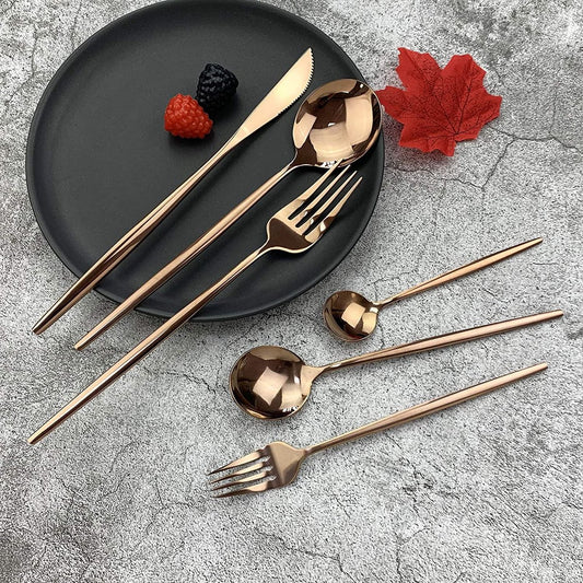 Cutlery Set - Mirror-polished copper cutlery set (for 6 persons) - Shiny stainless steel cutlery set V1188-ZXY-10275