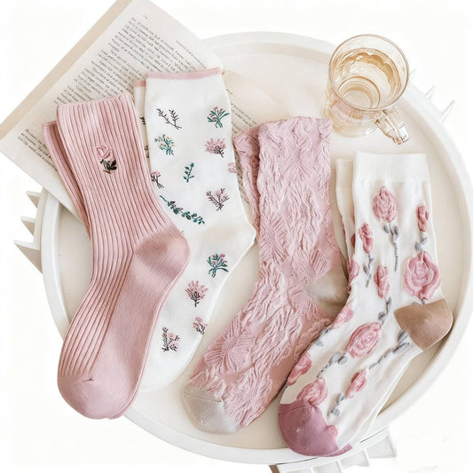 Women's slipper socks (4 pairs) - House socks - Pink socks - Women's autumn and winter socks, with V1188-ZXY-10295