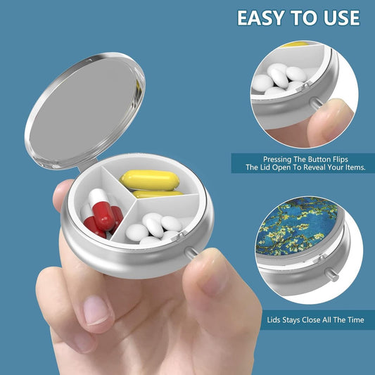 Pill Box - Three-Compartment Pill Box - Portable Pill Box - Fits in Pocket or Purse - Decorative Metal V1188-ZXY-10329