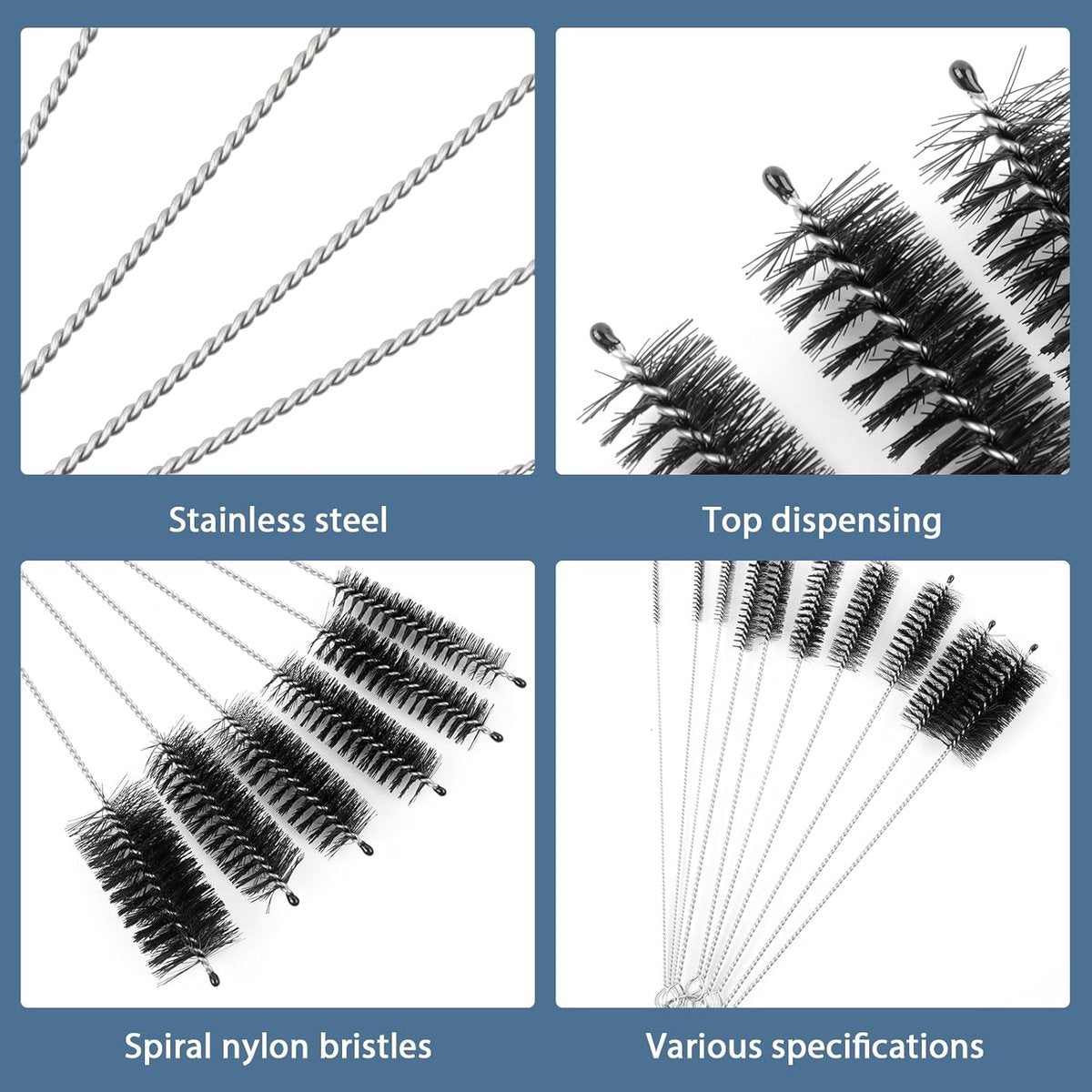 10-Piece Bottle Brush - Cleaning Brush Set - for pipes, keyboards, test tubes, kettle spouts, sinks, bottles V1188-ZXY-10341