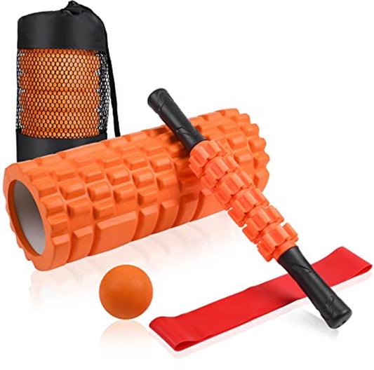 4 in 1 Foam Roller Set: Trigger Point Roller - Yoga Stick - Massage Ball - Fitness Stretching Band - Carrying V1188-ZXY-10370