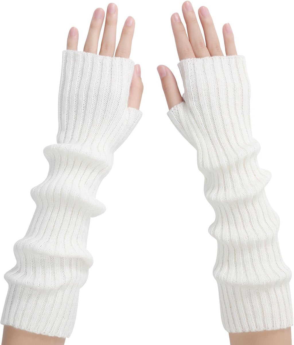 Arm Sleeves - Women's Long Fingerless - Knitted Y2K Arm Sleeves - (Vit) V1188-ZXY-10381