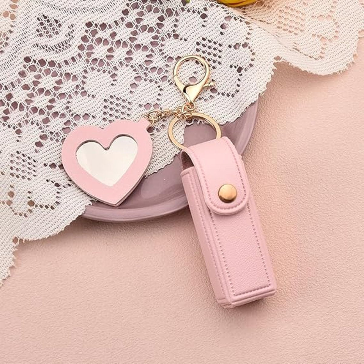 Lipstick Holder - with Mirror - Storage Box - Key Ring - Suitable for Car Keys, Lipstick Organizer (Pink) V1188-ZXY-10401