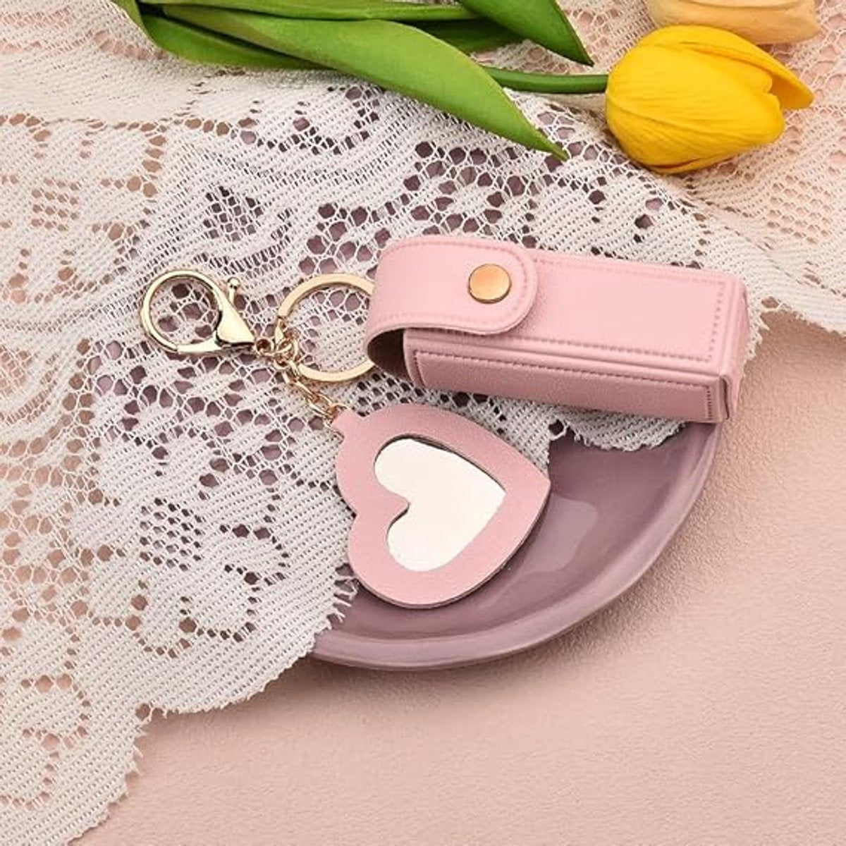 Lipstick Holder - with Mirror - Storage Box - Key Ring - Suitable for Car Keys, Lipstick Organizer (Pink) V1188-ZXY-10401