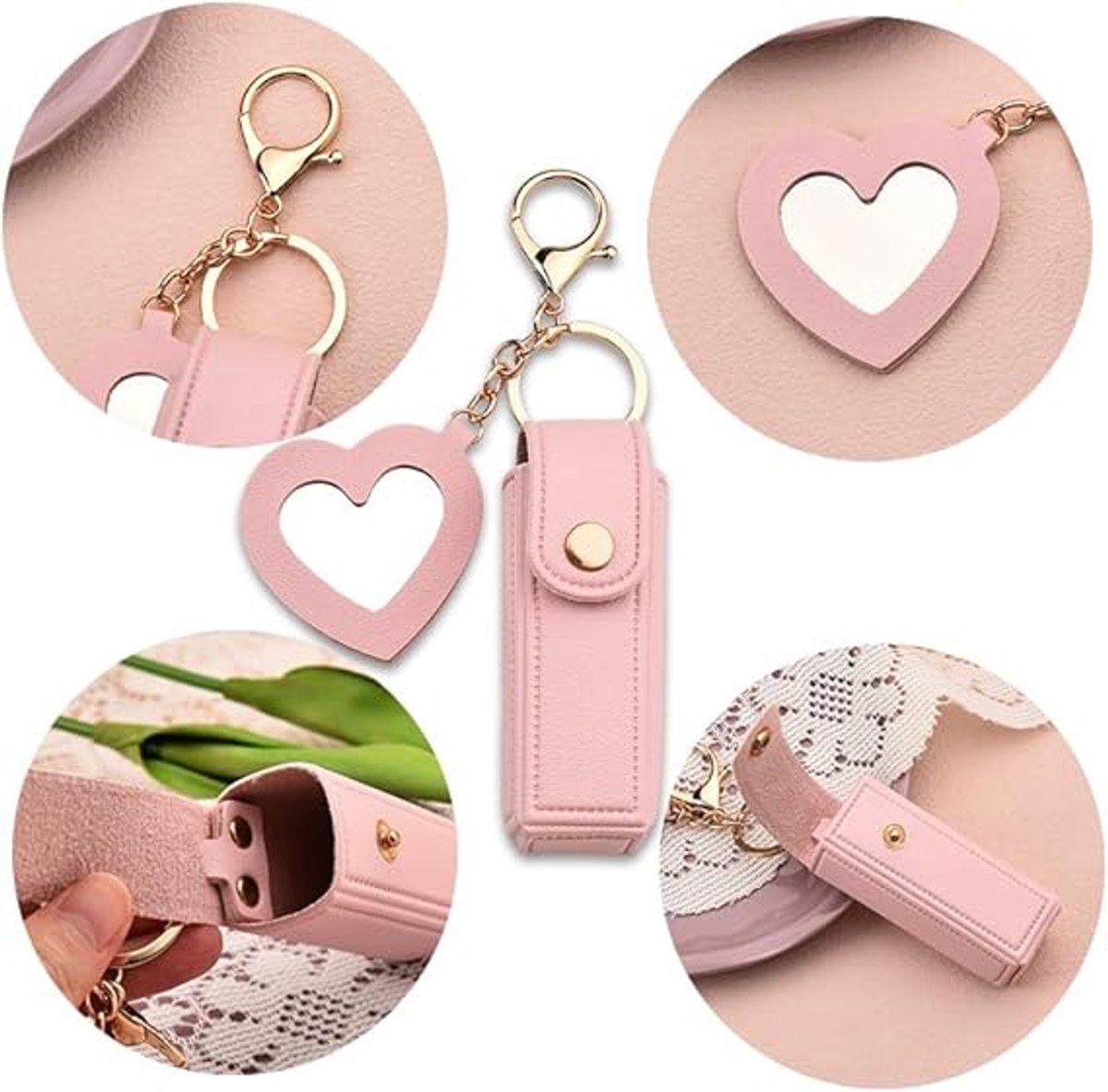 Lipstick Holder - with Mirror - Storage Box - Key Ring - Suitable for Car Keys, Lipstick Organizer (Pink) V1188-ZXY-10401