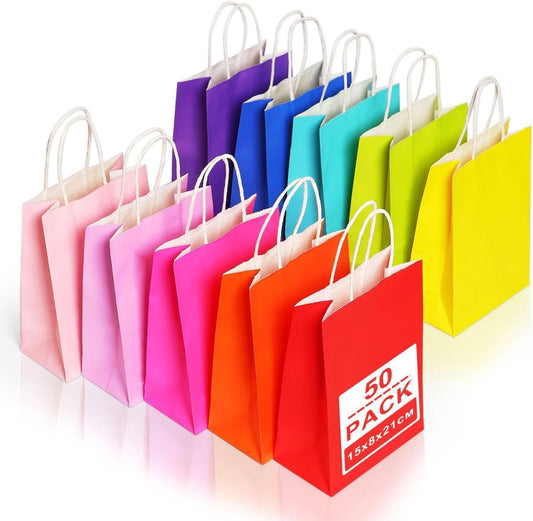 50 small paper bags with handles - colorful kraft paper gift bags - 15x8x21cm - kraft paper shopping bags - V1188-ZXY-10409