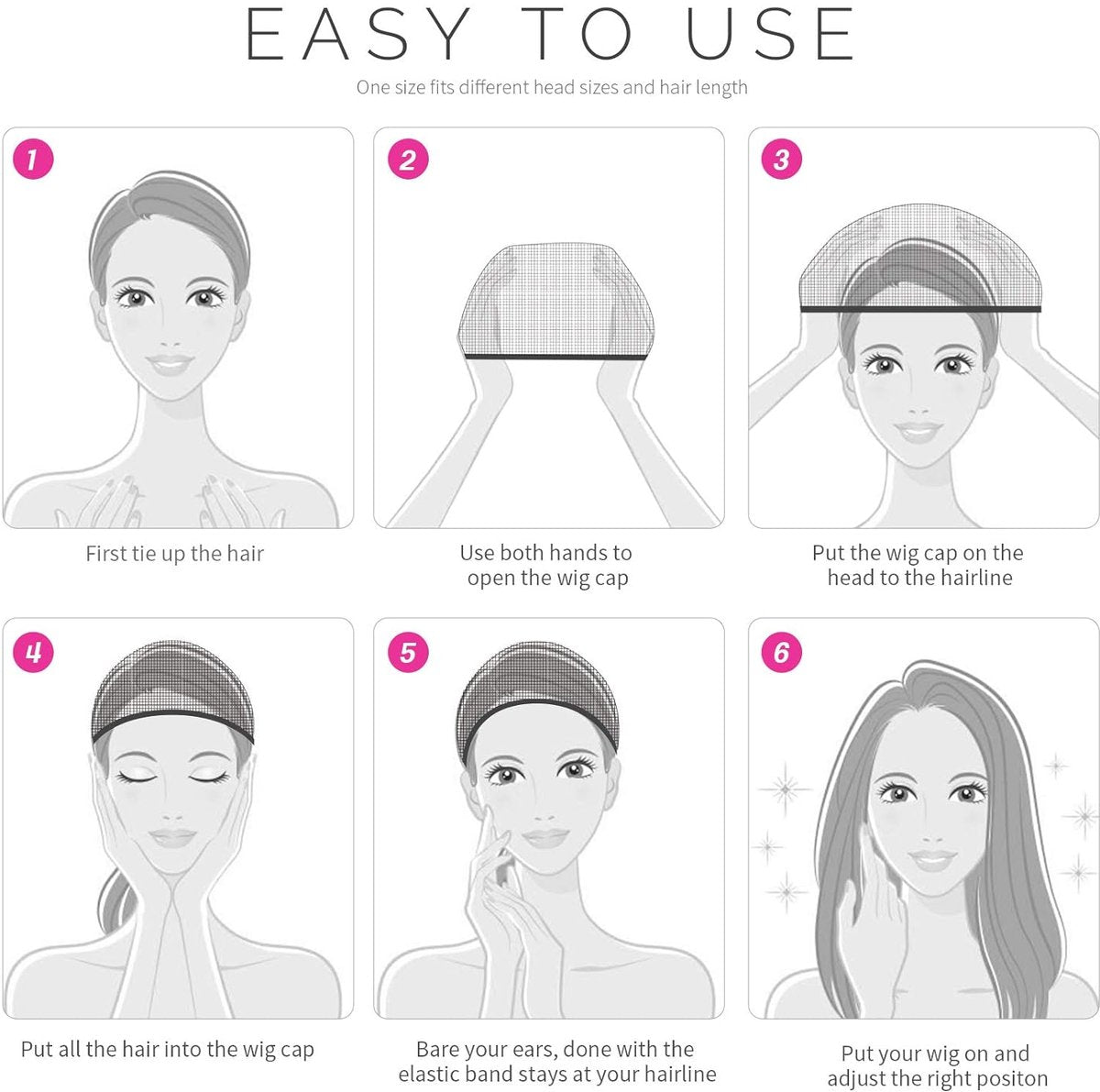 6-Pack Wig Caps - Black Elastic Wig Caps - Suitable for women, girls and children. V1188-ZXY-10411