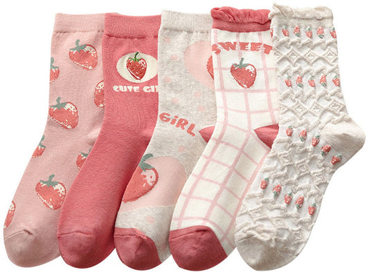 5 pairs of socks - Women's autumn and winter socks - Women's strawberry socks - Fashion socks with round neck V1188-ZXY-10463