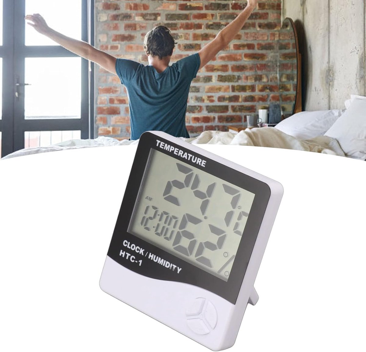 HTC-1 Home Thermometer with Electronic Alarm Clock - Creative Thermometer and Hygrometer with Large Screen - V1188-ZXY-10475