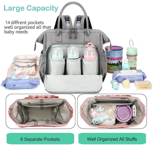 Convertible Diaper Bag - Wide Opening - 14 Pockets - Stylish - Baby Changing Bag - with Stroller Buckle - V1188-ZXY-10493